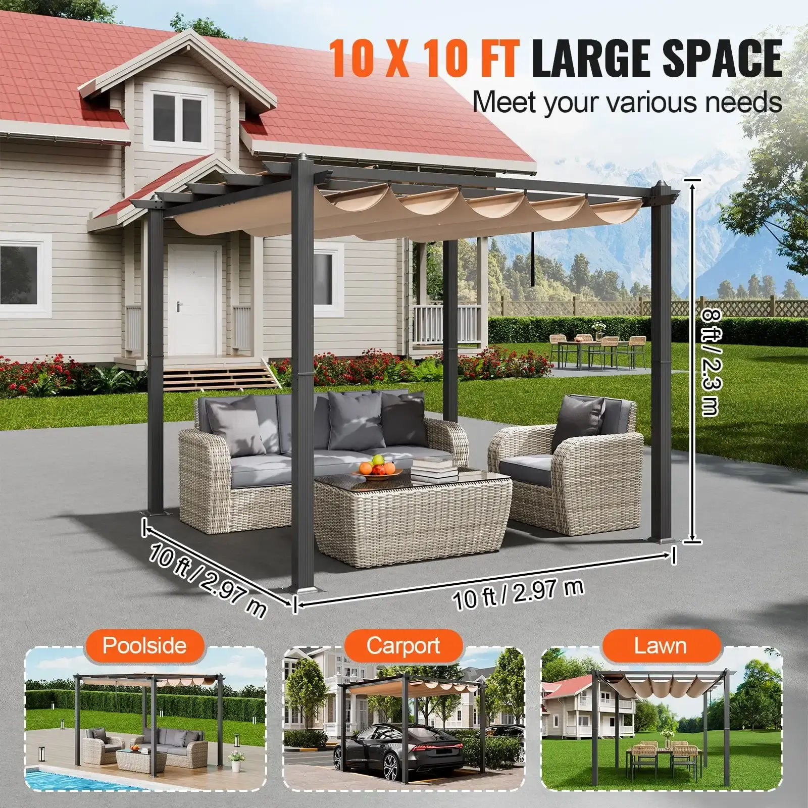 10'x10' Outdoor Retractable Pergola with Sun Shade Canopy Aluminum Beige