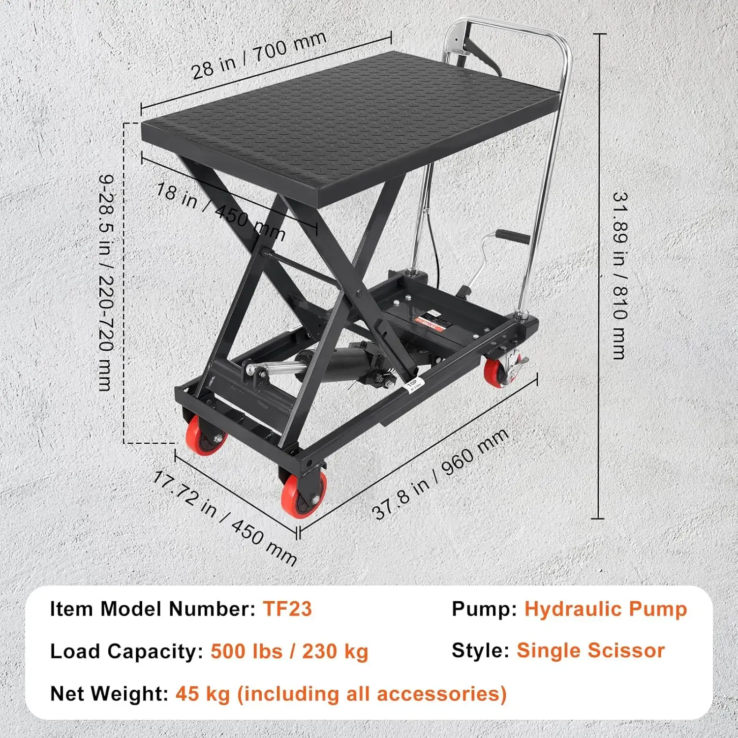 Hydraulic Lift Table Cart, 500lbs Capacity 28.5" Lifting Height, Manual Single Scissor Lift Table with 4 Wheels and Non-Slip Pad