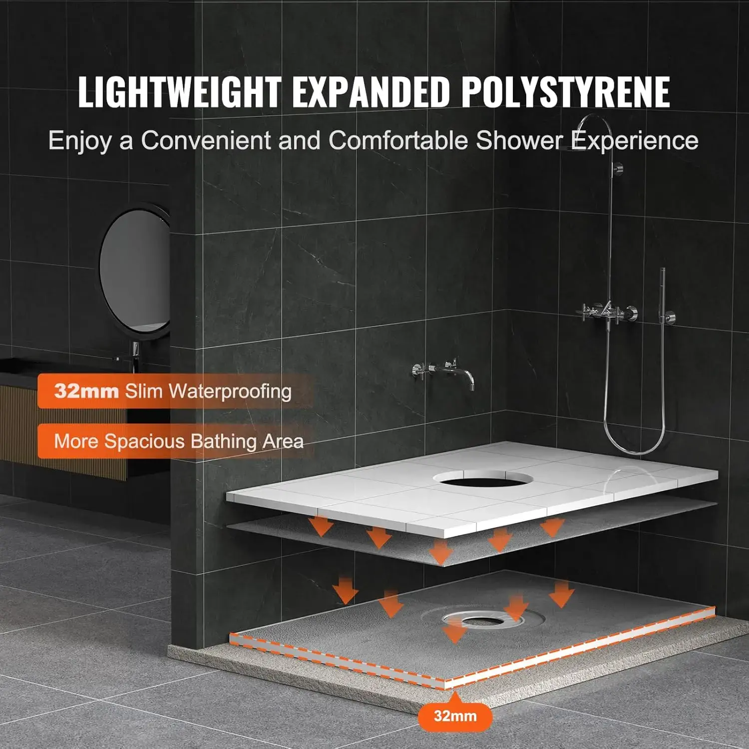 Shower Curb Kit, 48"x72" Shower Pan Kit with 6.3" Central Drain, Lightweight EPS Shower Installation Kits
