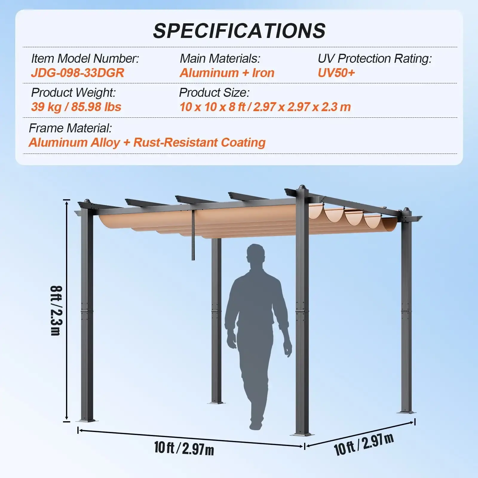 10'x10' Outdoor Retractable Pergola with Sun Shade Canopy Aluminum Beige
