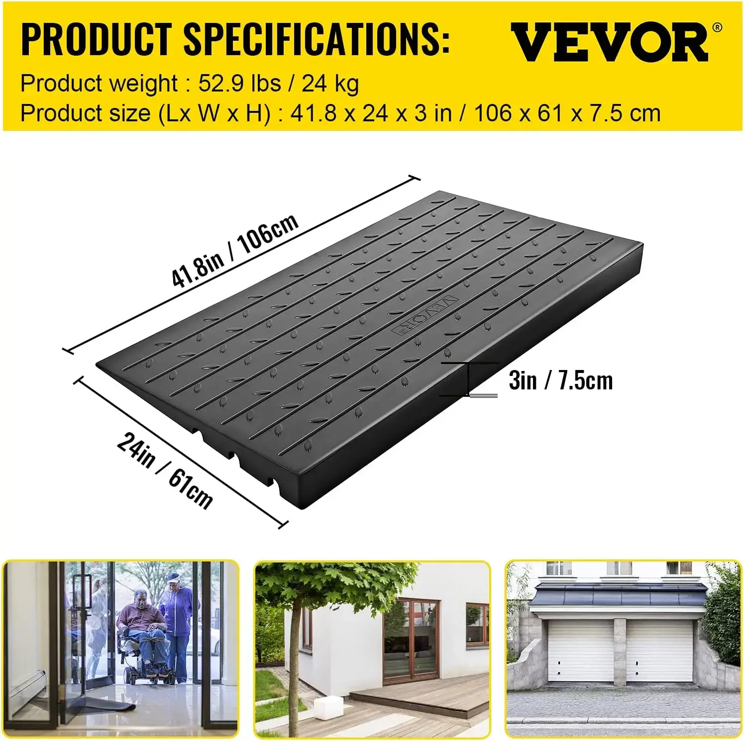 3" Rise Threshold Ramp Doorway, 3 Channels Cord Cover Rubber Threshold Ramp, Rubber Angled Entry Rated 2200 Lbs Load Capacity