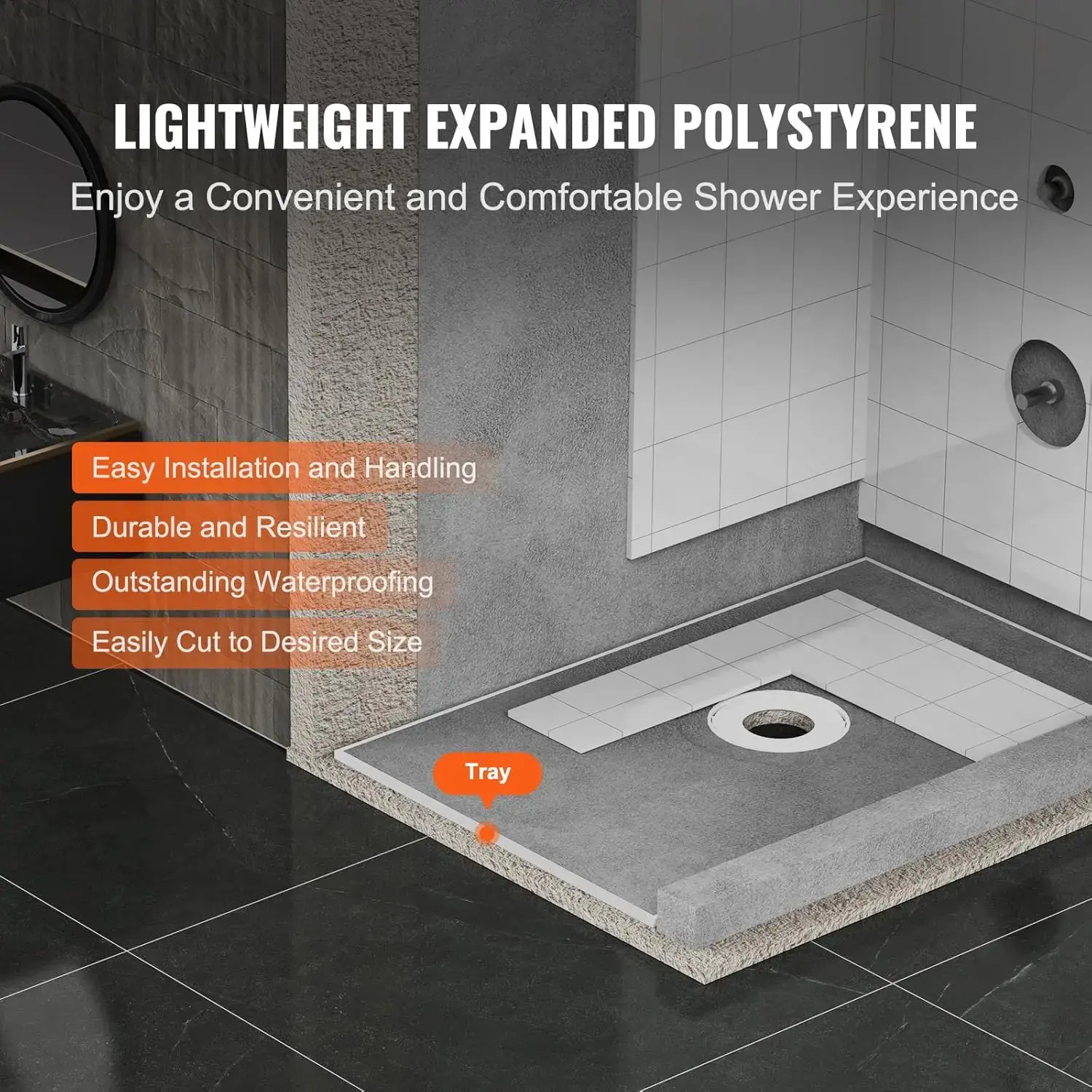 Shower Curb Kit, 48"x72" Shower Pan Kit with 6.3" Central Drain, Lightweight EPS Shower Installation Kits