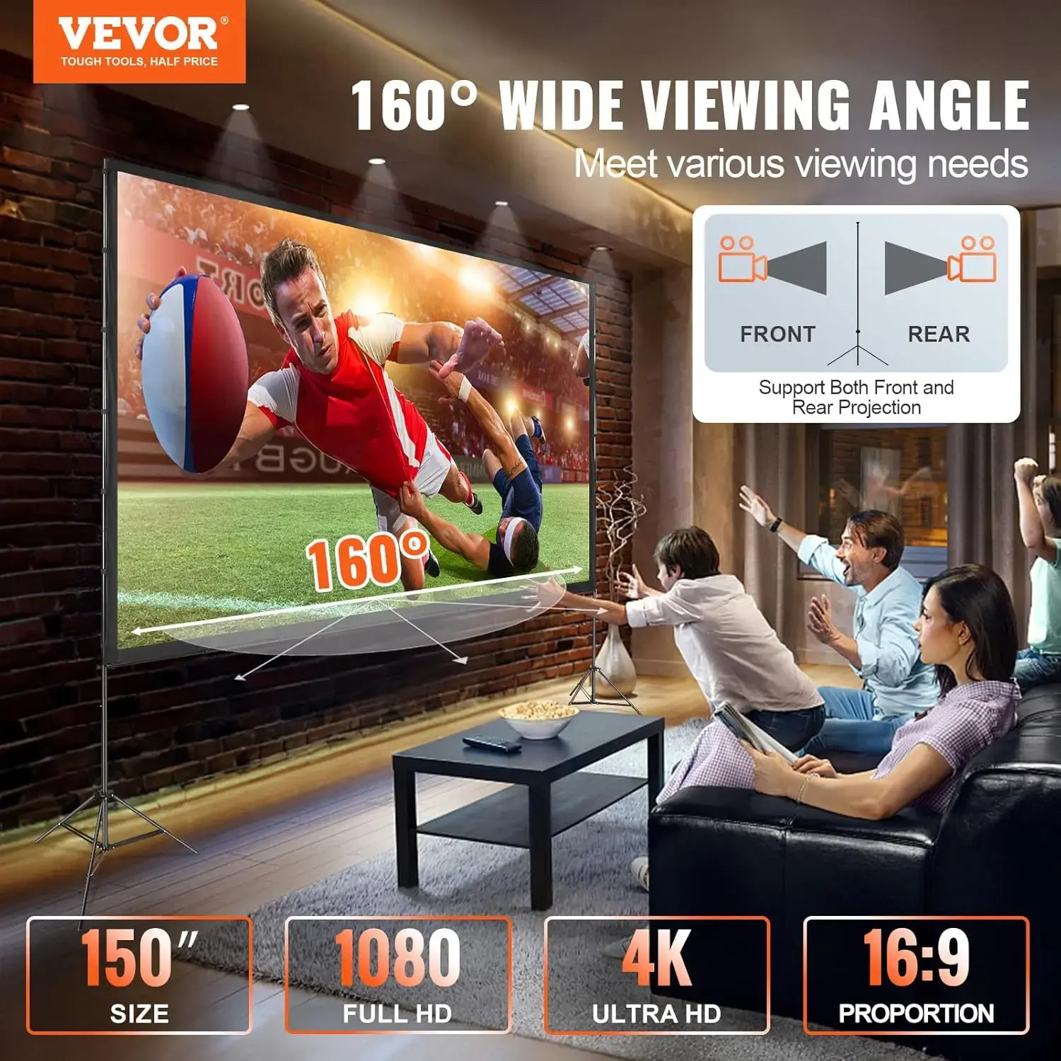 Projector Screen with Stand, 150 inch 16:9 4K 1080 HD Outdoor Movie Screen with Stand, Wrinkle-Free Projection Screen