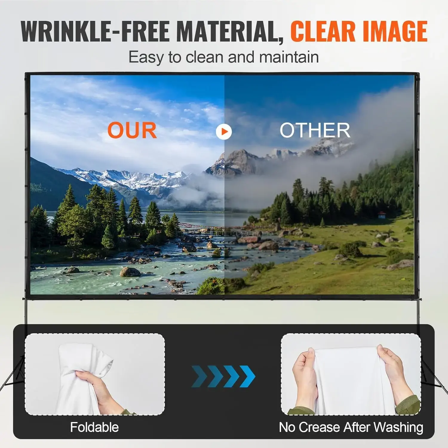 Projector Screen with Stand, 150 inch 16:9 4K 1080 HD Outdoor Movie Screen with Stand, Wrinkle-Free Projection Screen