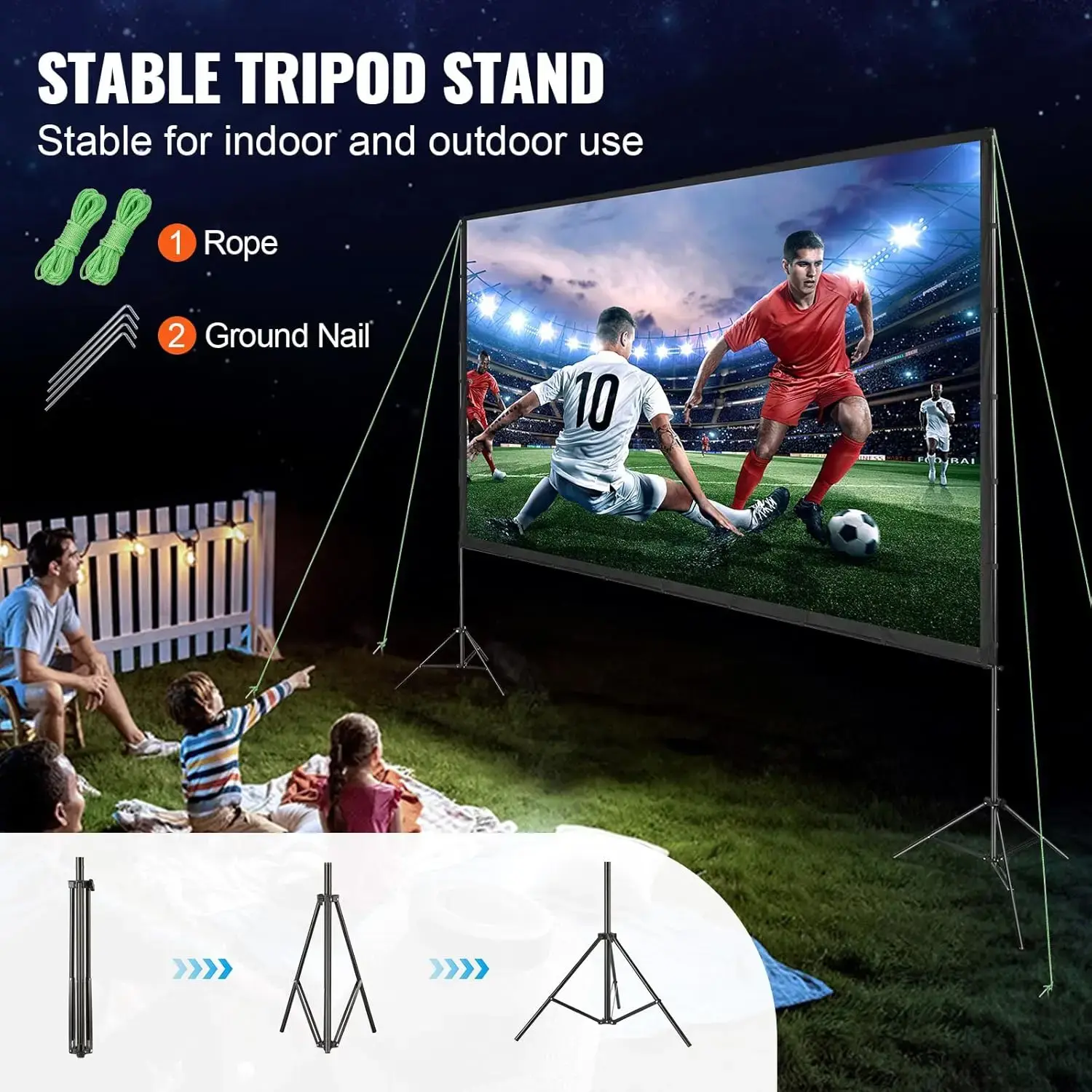 Projector Screen with Stand, 150 inch 16:9 4K 1080 HD Outdoor Movie Screen with Stand, Wrinkle-Free Projection Screen