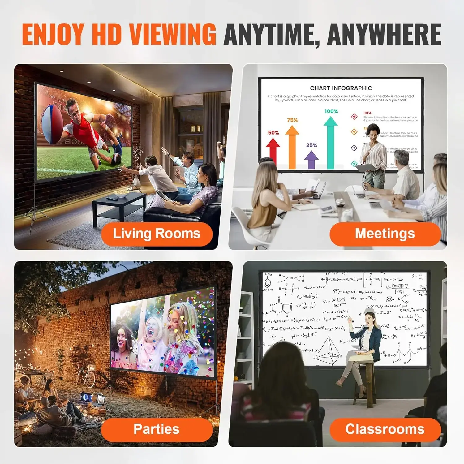 Projector Screen with Stand, 150 inch 16:9 4K 1080 HD Outdoor Movie Screen with Stand, Wrinkle-Free Projection Screen