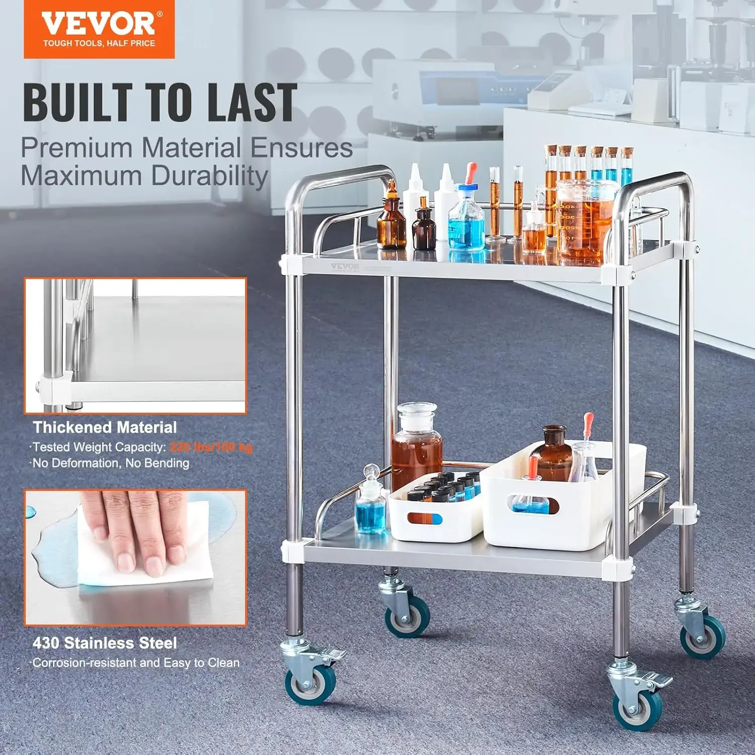 Lab Rolling Cart, 2-Shelf Stainless Steel Rolling Cart, Lab Serving Cart with Swivel Casters