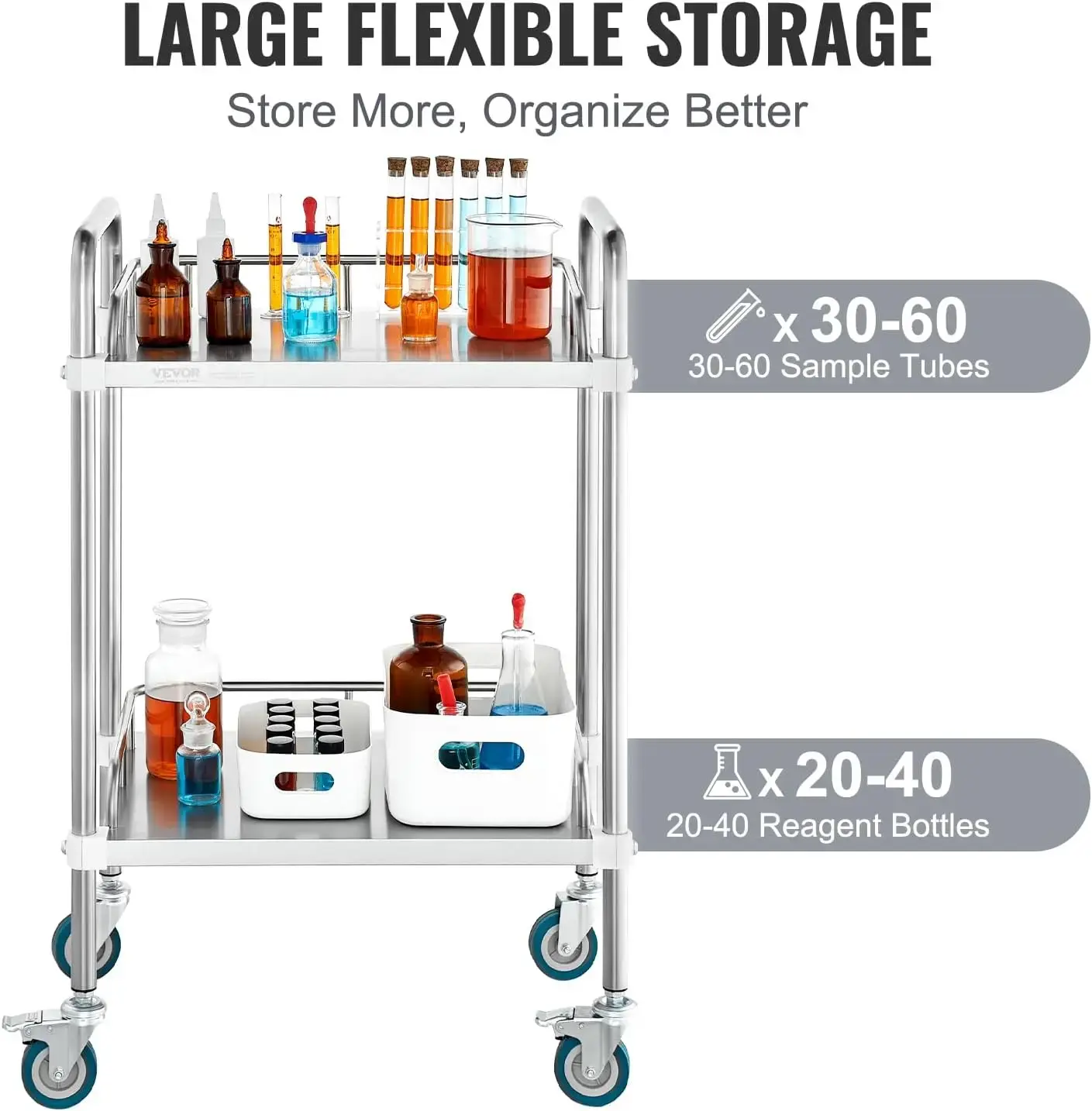 Lab Rolling Cart, 2-Shelf Stainless Steel Rolling Cart, Lab Serving Cart with Swivel Casters