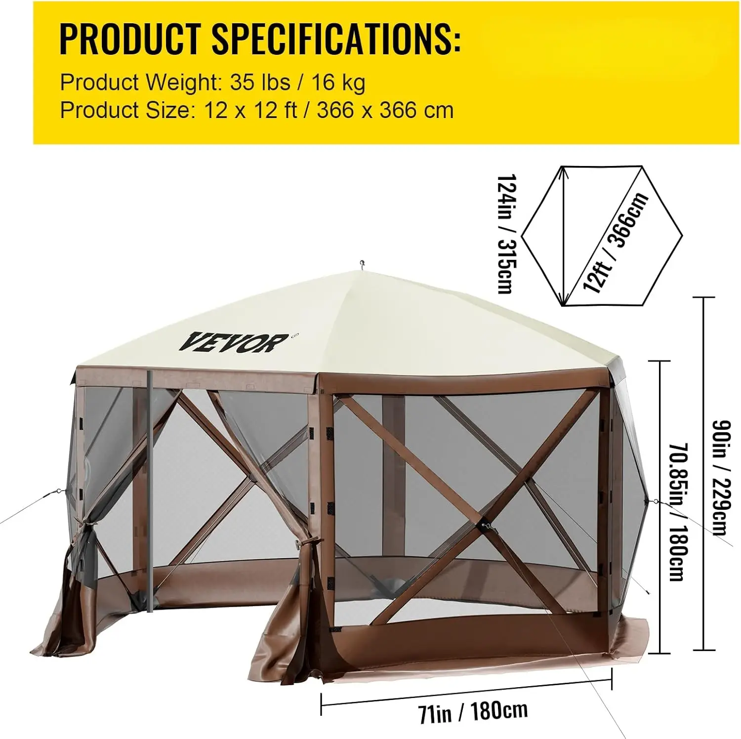 Camping Gazebo Screen Tent, 12 * 12ft, 6 Sided Pop-up Canopy Shelter Tent with Mesh Windows, Portable Carry Bag