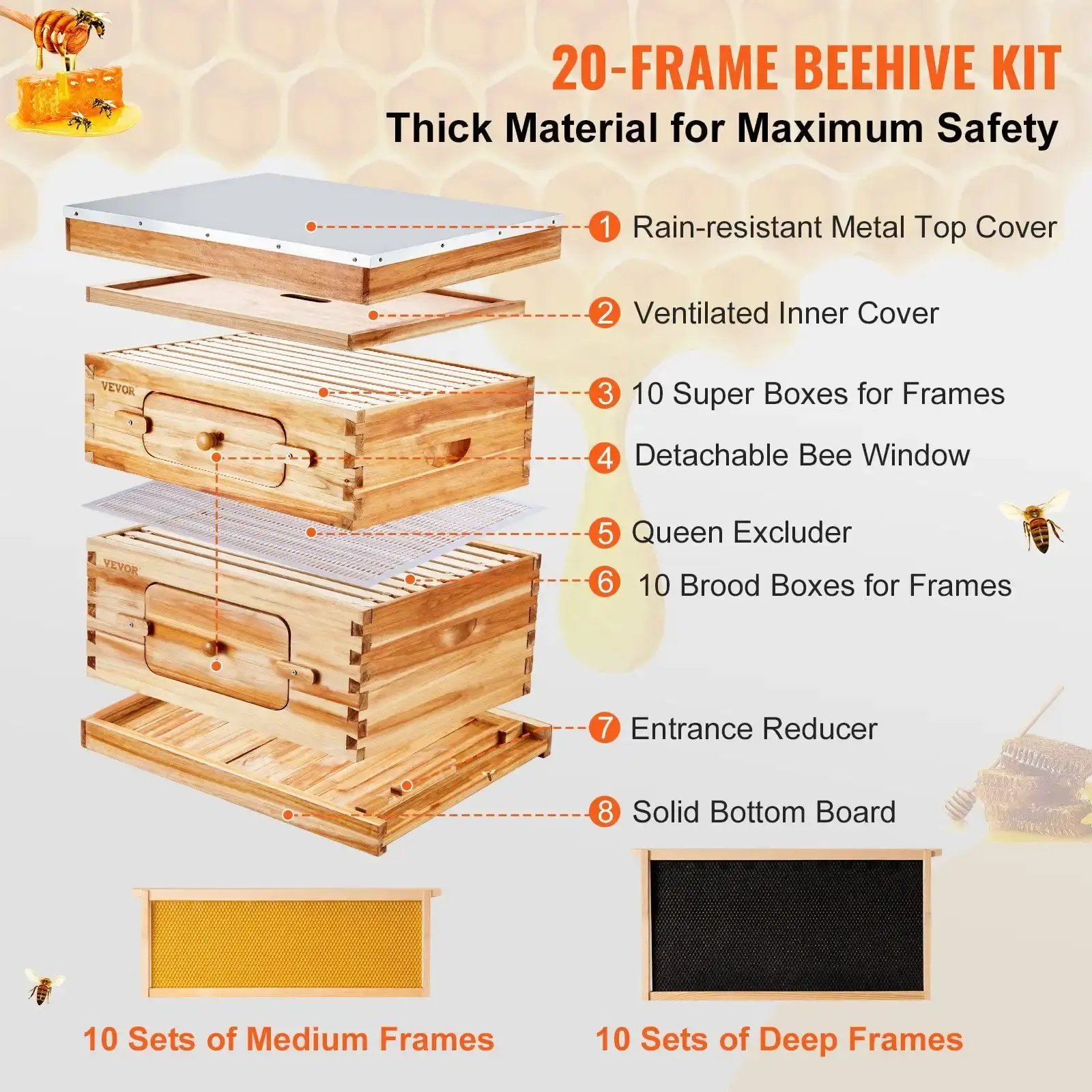 Bee Hive 20 Frame Bee Hives Starter Kit, Beeswax Coated Cedar Wood, 1 Deep + 1 Medium Bee Boxes Langstroth Beehive Kit