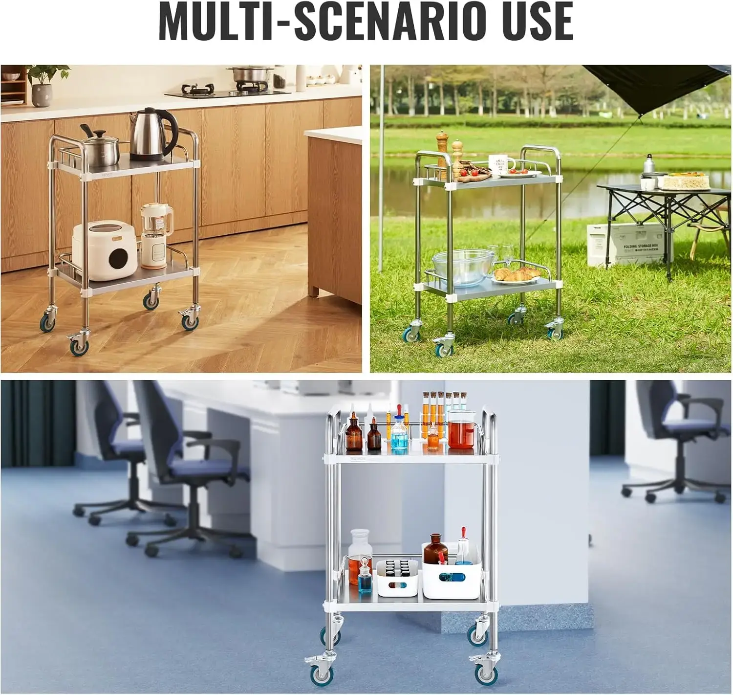Lab Rolling Cart, 2-Shelf Stainless Steel Rolling Cart, Lab Serving Cart with Swivel Casters