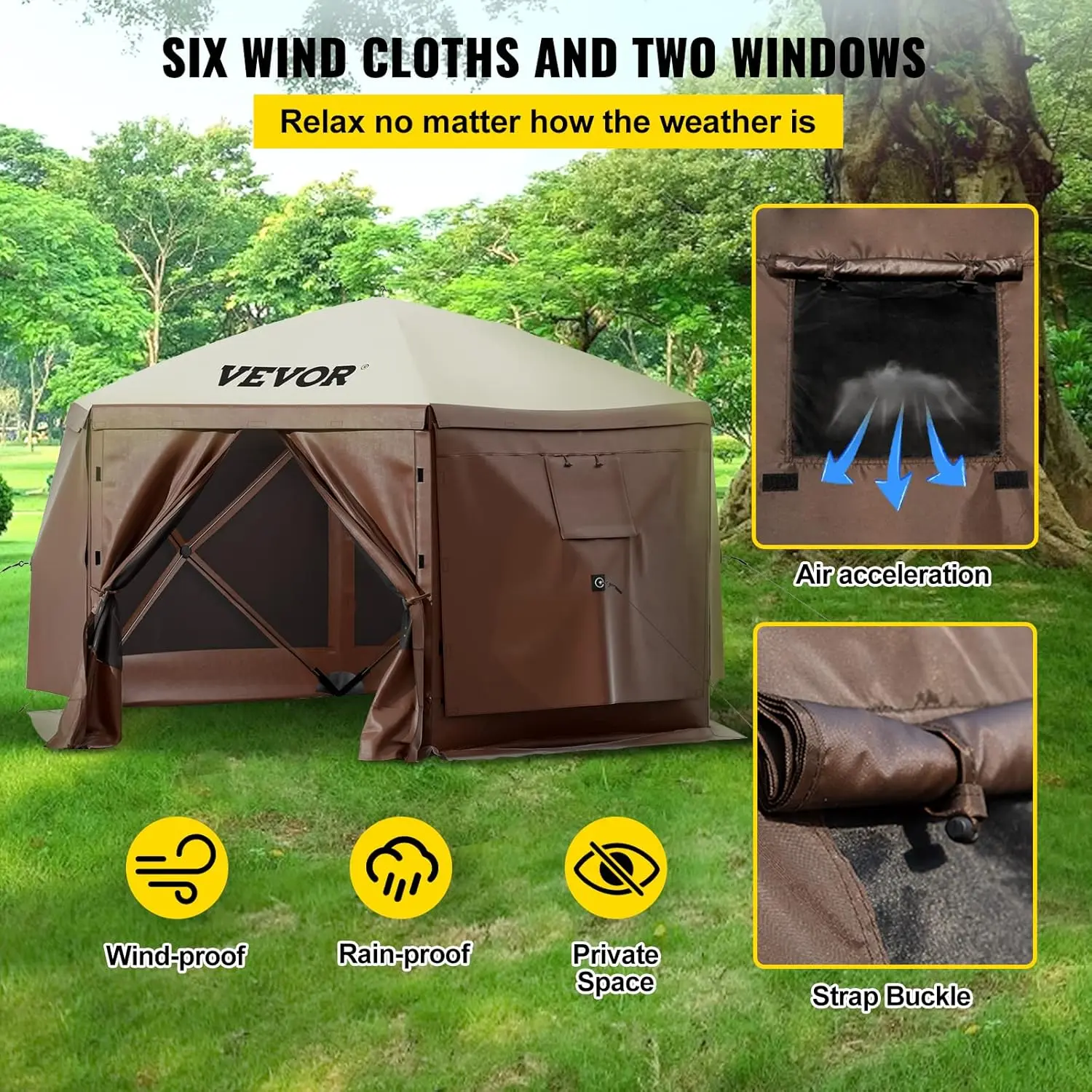Camping Gazebo Screen Tent, 12 * 12ft, 6 Sided Pop-up Canopy Shelter Tent with Mesh Windows, Portable Carry Bag