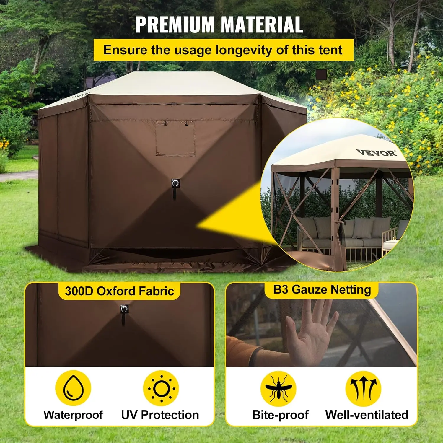 Camping Gazebo Screen Tent, 12 * 12ft, 6 Sided Pop-up Canopy Shelter Tent with Mesh Windows, Portable Carry Bag