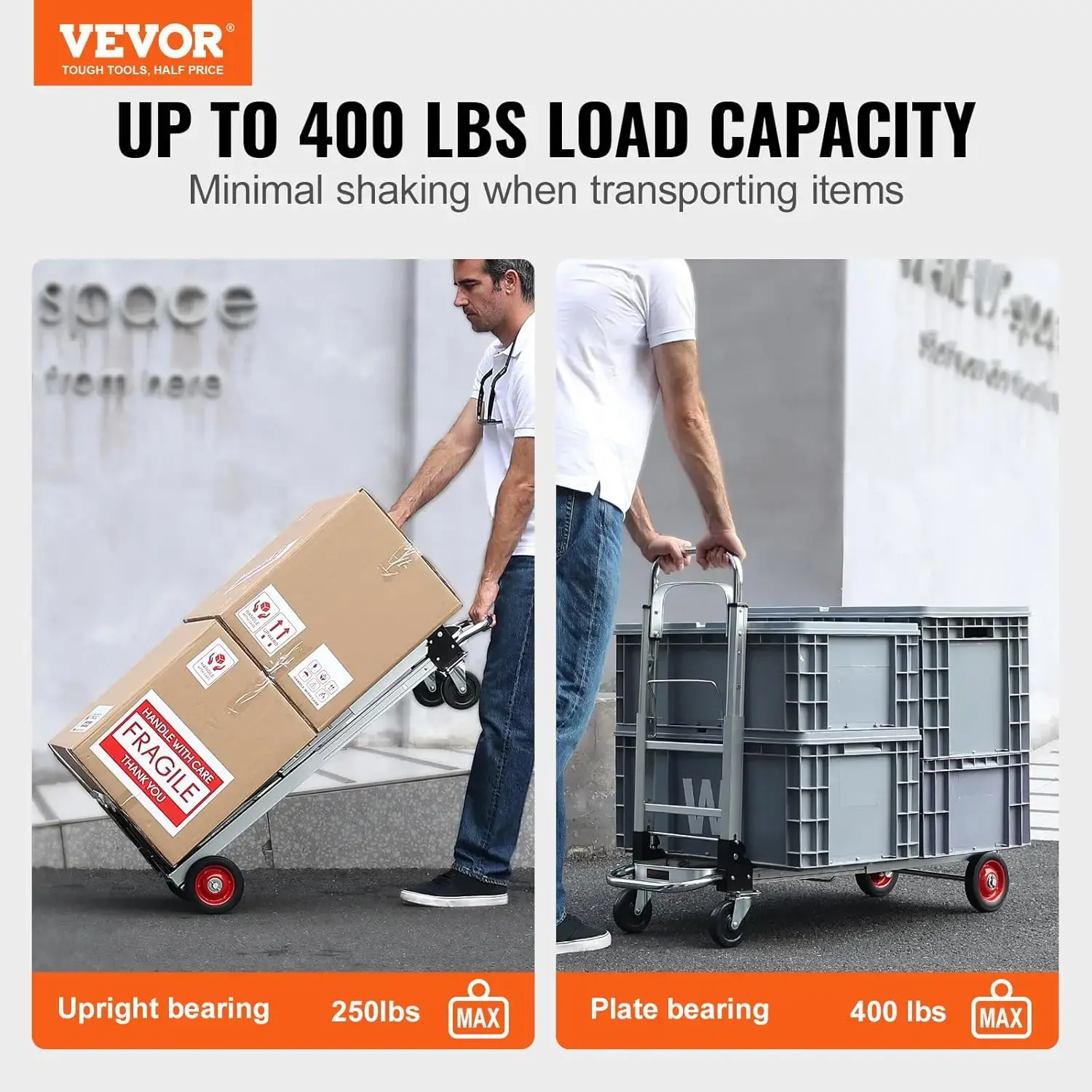 Aluminum Folding Hand Truck, 2 in 1 Design 400 lbs Capacity, Heavy Duty Industrial Collapsible cart