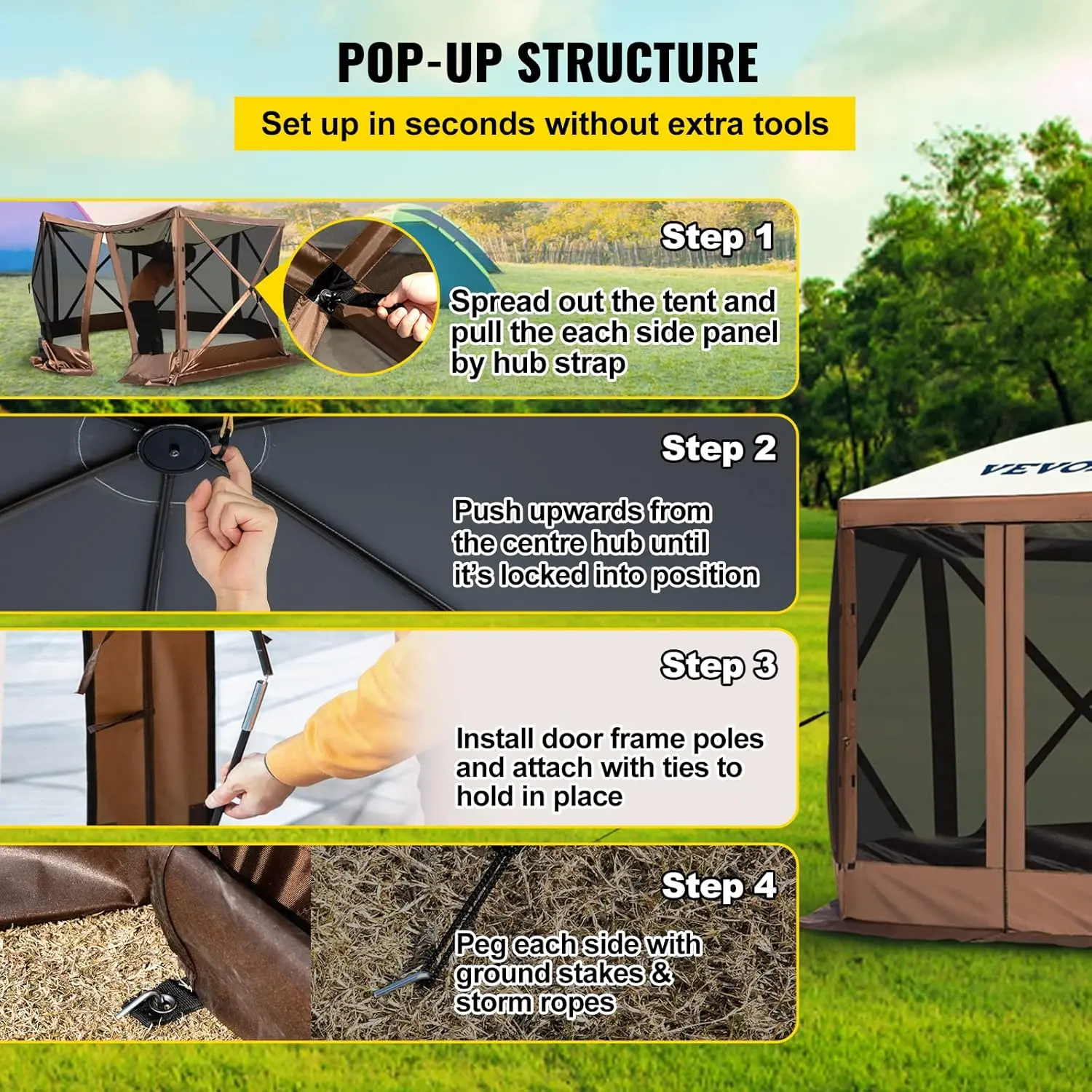 Camping Gazebo Screen Tent, 12 * 12ft, 6 Sided Pop-up Canopy Shelter Tent with Mesh Windows, Portable Carry Bag