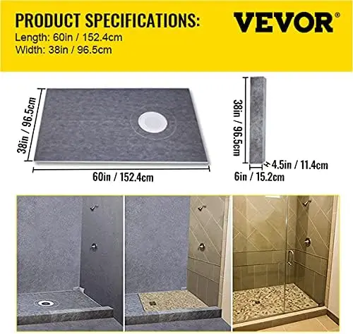38" x 60" Watertight Shower Curb Kit, 4" PVC Offset Bonding Flange, 4" Stainless Steel Grate, 2 Cuttable Shower Curb and Trowel