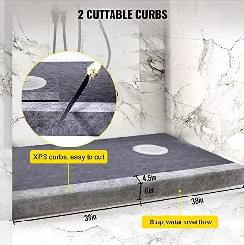 38" x 60" Watertight Shower Curb Kit, 4" PVC Offset Bonding Flange, 4" Stainless Steel Grate, 2 Cuttable Shower Curb and Trowel