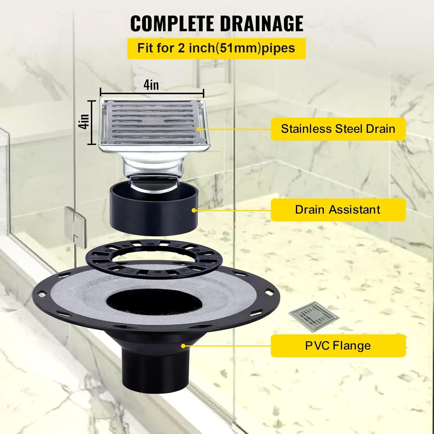38" x 60" Watertight Shower Curb Kit, 4" PVC Offset Bonding Flange, 4" Stainless Steel Grate, 2 Cuttable Shower Curb and Trowel