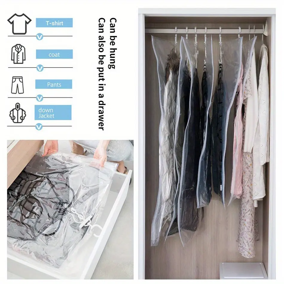 Hanging Organizer Vacuum Seal Storage Bag, for Clothes Storage Bag with Hanger, Space Saving Wardrobe Compressed Bag