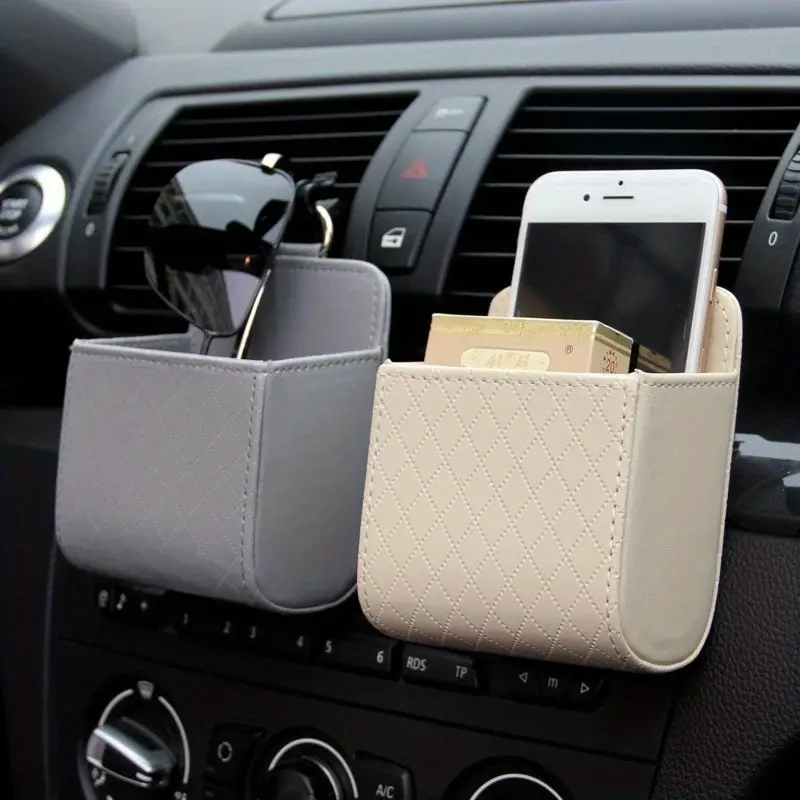 1pc Car Storage Bag Air Vent Dashboard Tidy Hanging Leather Organizer Box Glasses Phone Holder Storage Organizer Car Accessorie
