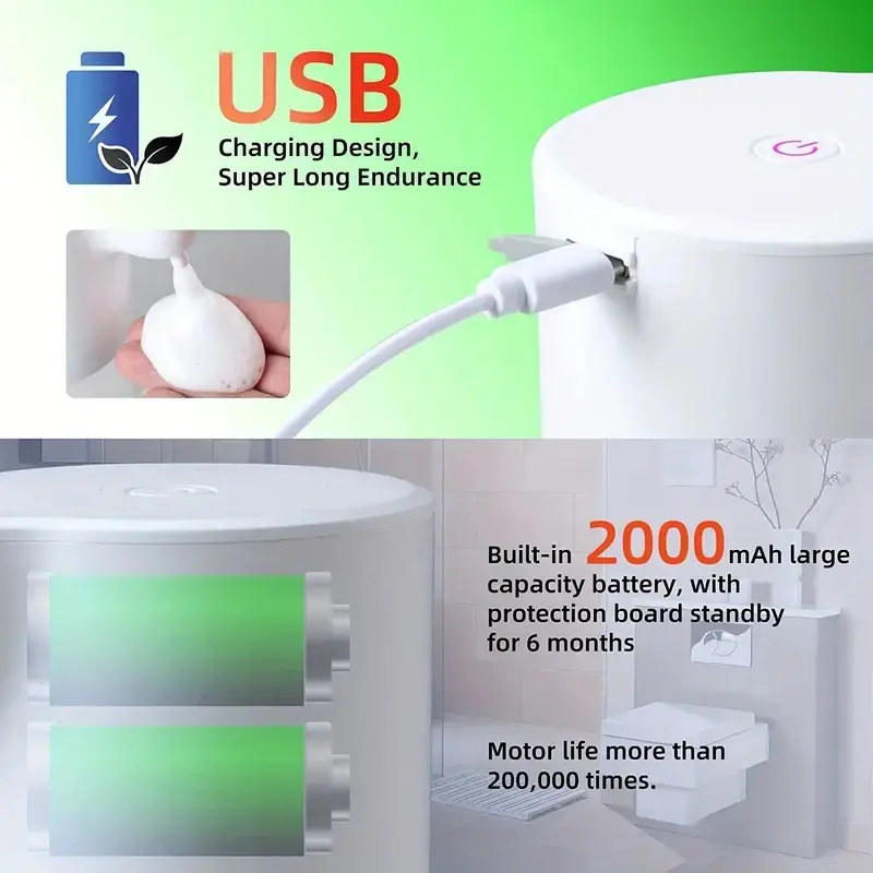 350/600ML Automatic Foam Soap Dispenser Rechargeable Touchless Handsfree Dispenser 4 Level Adjustable Volume IPX5 Waterproof