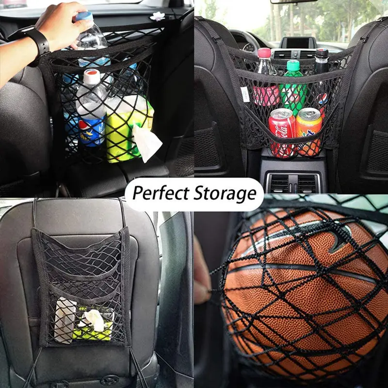 2pcsCar Storage Net Bag Between Seats Car Divider Pet Barrier Stretchable Elastic Mesh Bag Organizer Auto Accessories