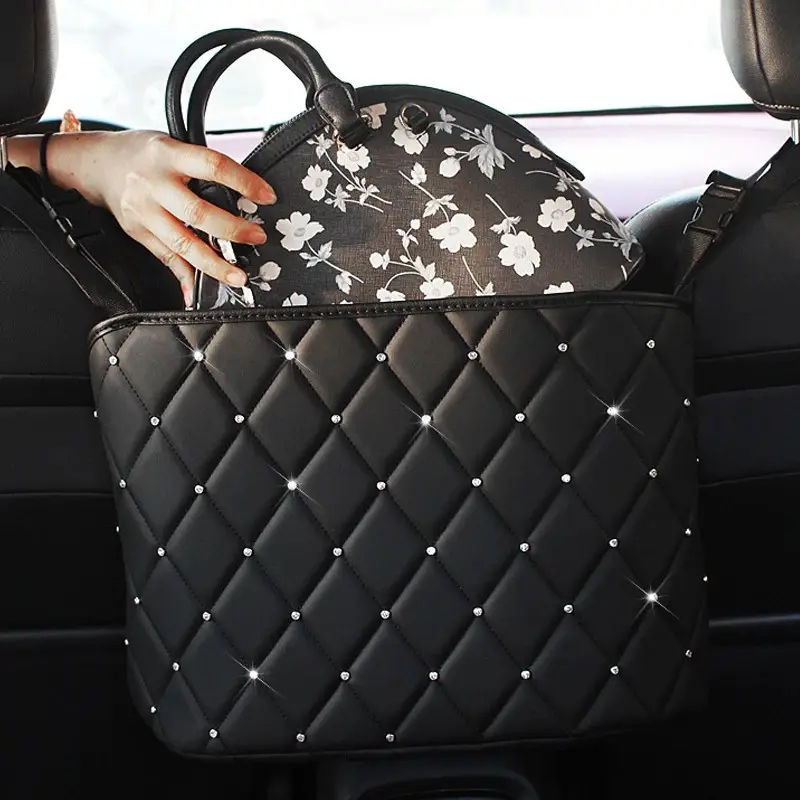 Car Large Capacity Storage Pocket Seat Crevice Net Handbag Holder Luxury Leather Seat Back Organizer Mesh Bag Automotive Goods