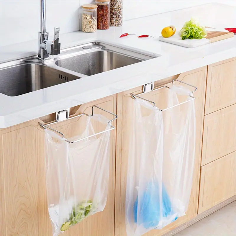 1 Pcs Kitchen Trash Rack Cabinet Door Garbage Bags Holder Stainless Steel Closet Garbage Storage Holder