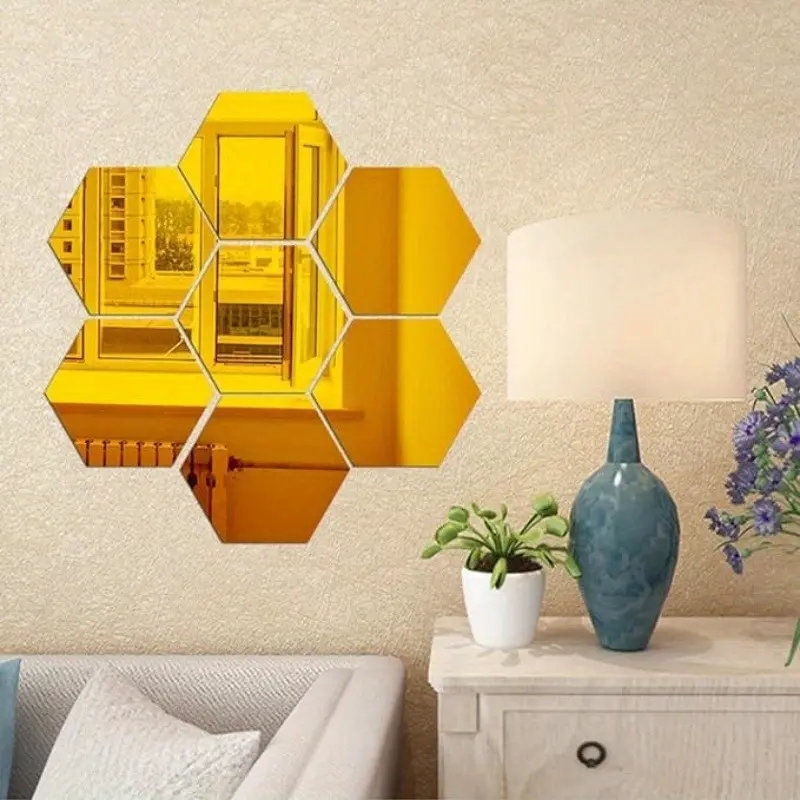24pcs Hexagon Mirror Sticker Gold Self Adhesive Mosaic Tiles Wall Sticker Decals DIY Bedroom Living Room Bathroom Home Decor