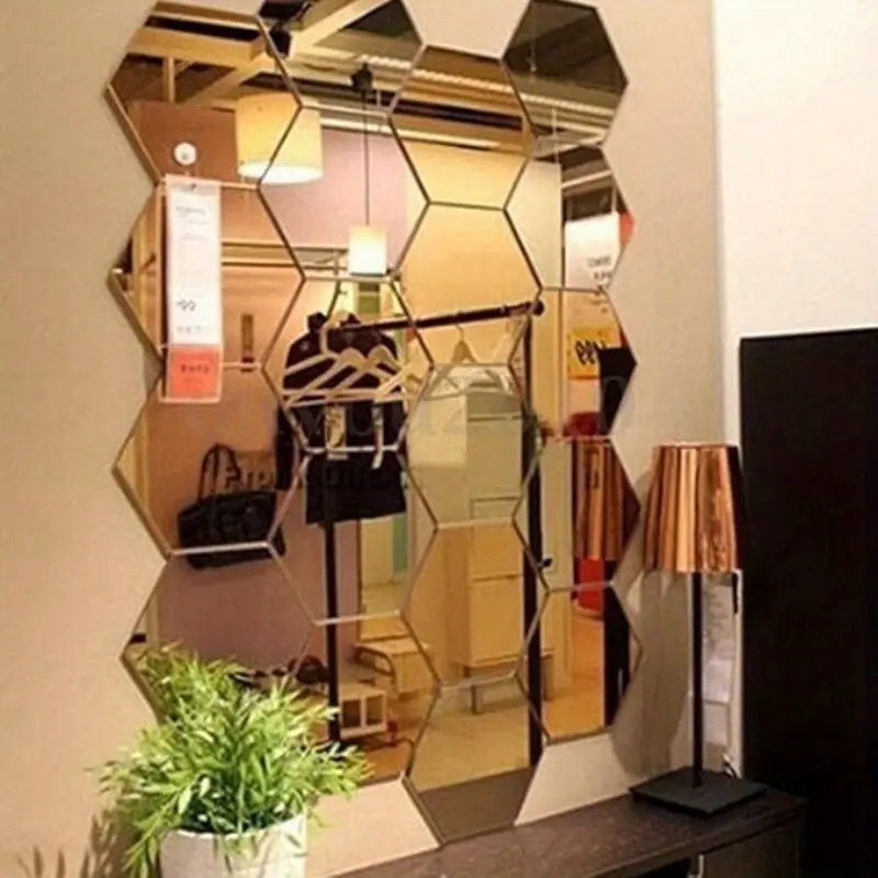 24pcs Hexagon Mirror Sticker Gold Self Adhesive Mosaic Tiles Wall Sticker Decals DIY Bedroom Living Room Bathroom Home Decor