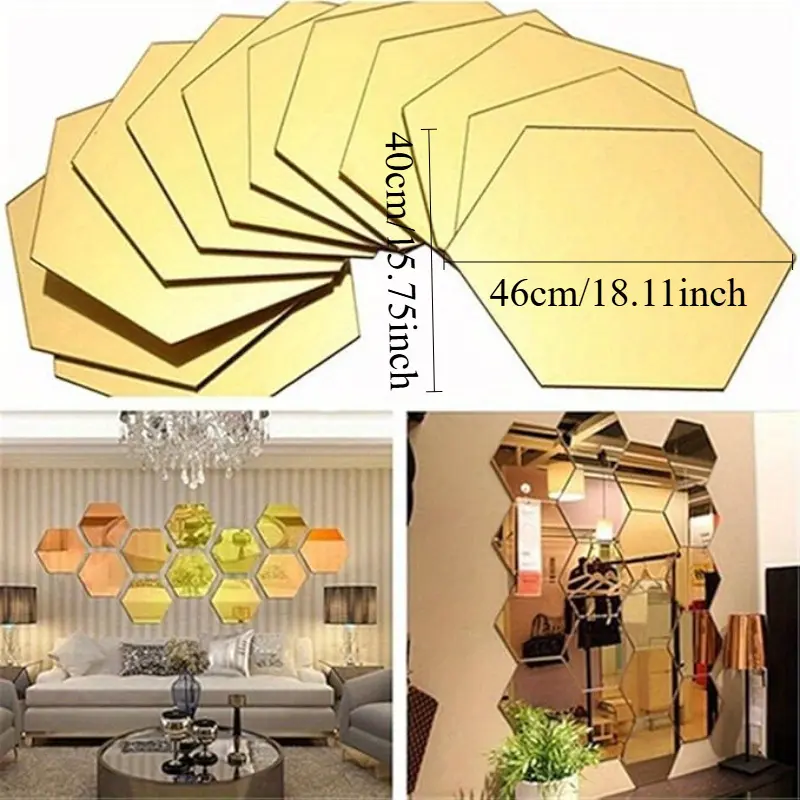 24pcs Hexagon Mirror Sticker Gold Self Adhesive Mosaic Tiles Wall Sticker Decals DIY Bedroom Living Room Bathroom Home Decor