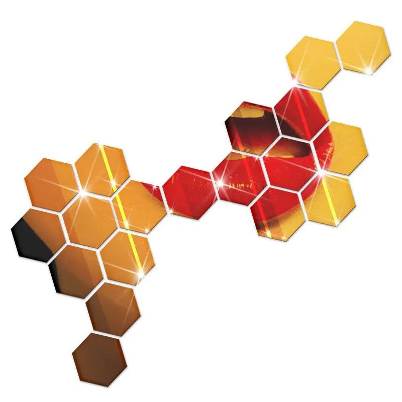 24pcs Hexagon Mirror Sticker Gold Self Adhesive Mosaic Tiles Wall Sticker Decals DIY Bedroom Living Room Bathroom Home Decor