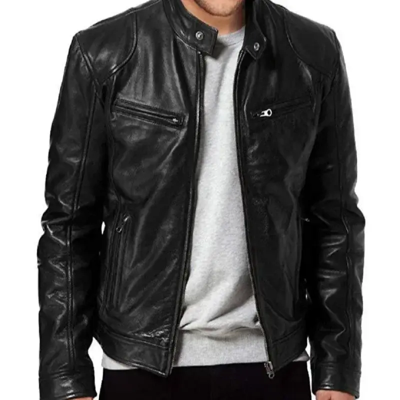 PU Leather Jacket Stand Collar Zipper Slim Leather Jacket Men's Zipper Cardigan PU Men's Leather Jacket