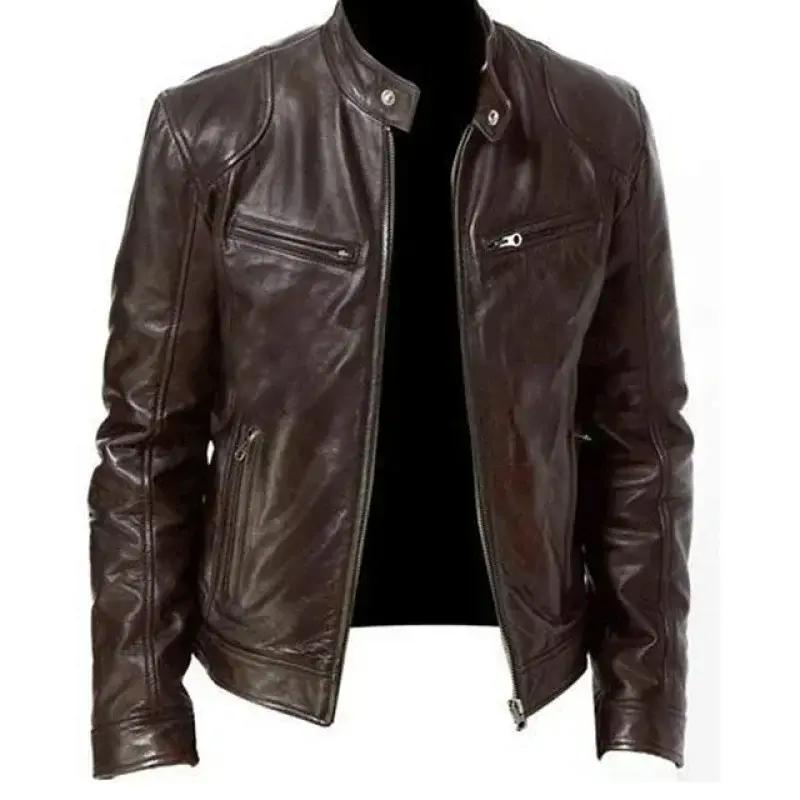 PU Leather Jacket Stand Collar Zipper Slim Leather Jacket Men's Zipper Cardigan PU Men's Leather Jacket