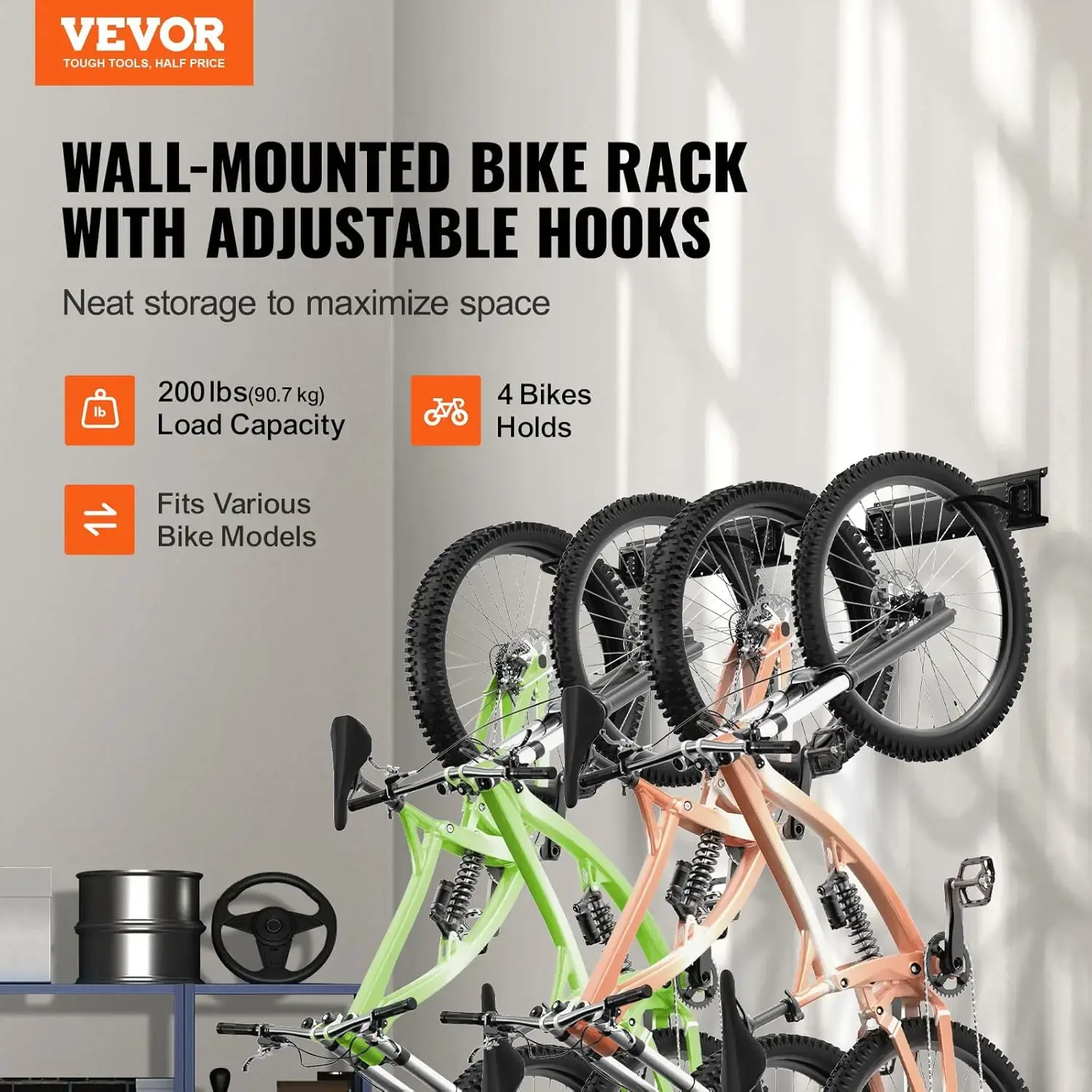 Bike Storage Rack, 4 Bike Racks and 2 Helmets Hooks, Wall Mount Bike Storage Hanger, Home & Garage Organizer