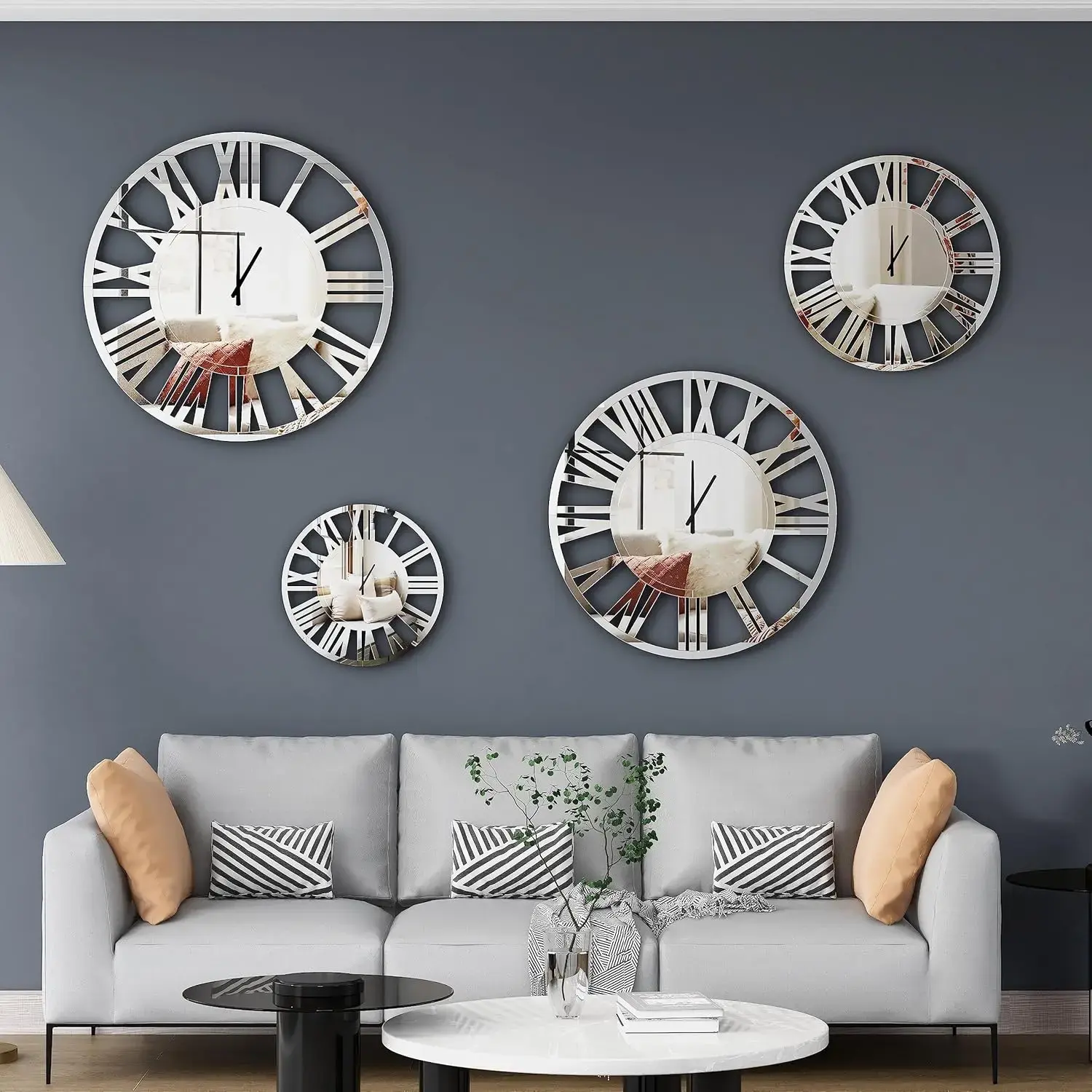 24" Large Wall Clock Decorative, Acrylic Mirrored Clock for Living Room Decor, Big Silver Modern Wall Clocks Decor