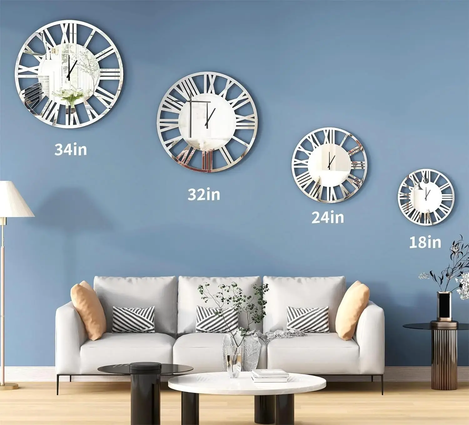 24" Large Wall Clock Decorative, Acrylic Mirrored Clock for Living Room Decor, Big Silver Modern Wall Clocks Decor
