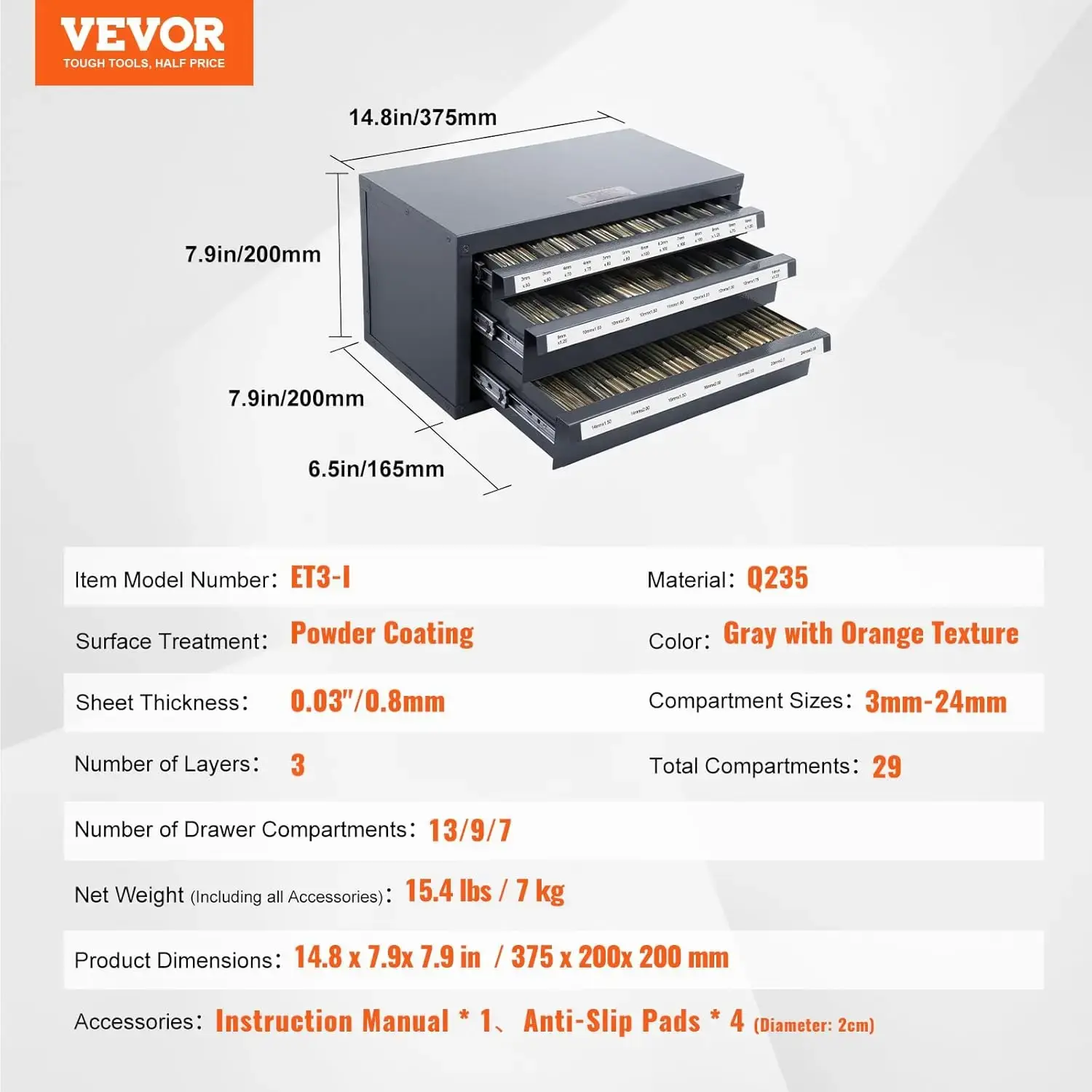 Tap Organizer Cabinet - Three-Drawer, 29-Compartment, Stackable with Labels for 3mm-24mm Steel Tap Storage