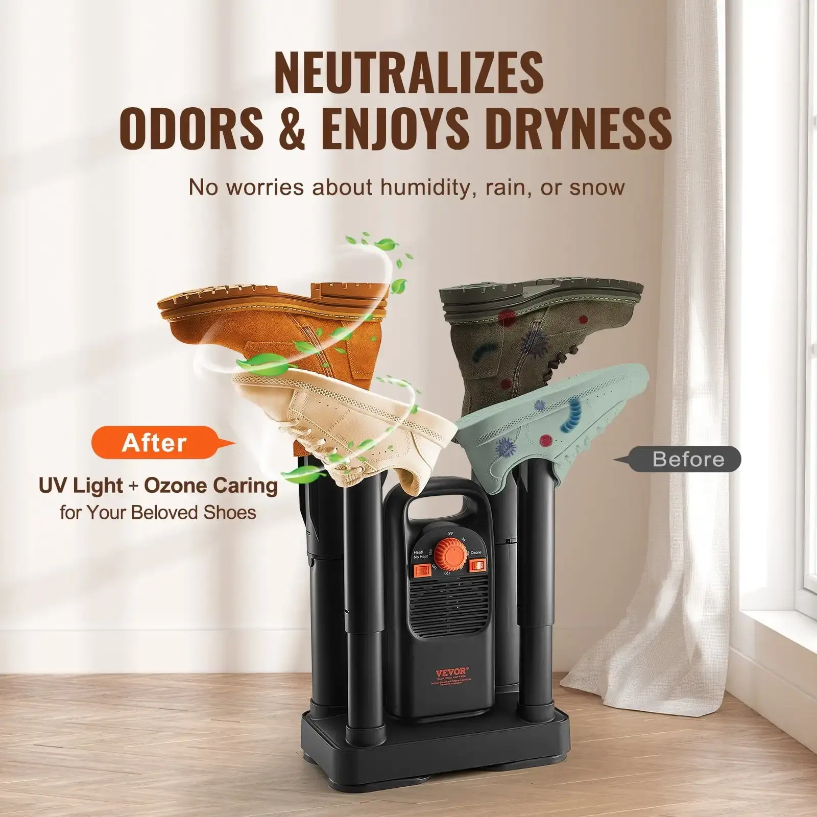 4-Tube Detachable Shoe Dryer with Timer and Quick Drying Black & Orange