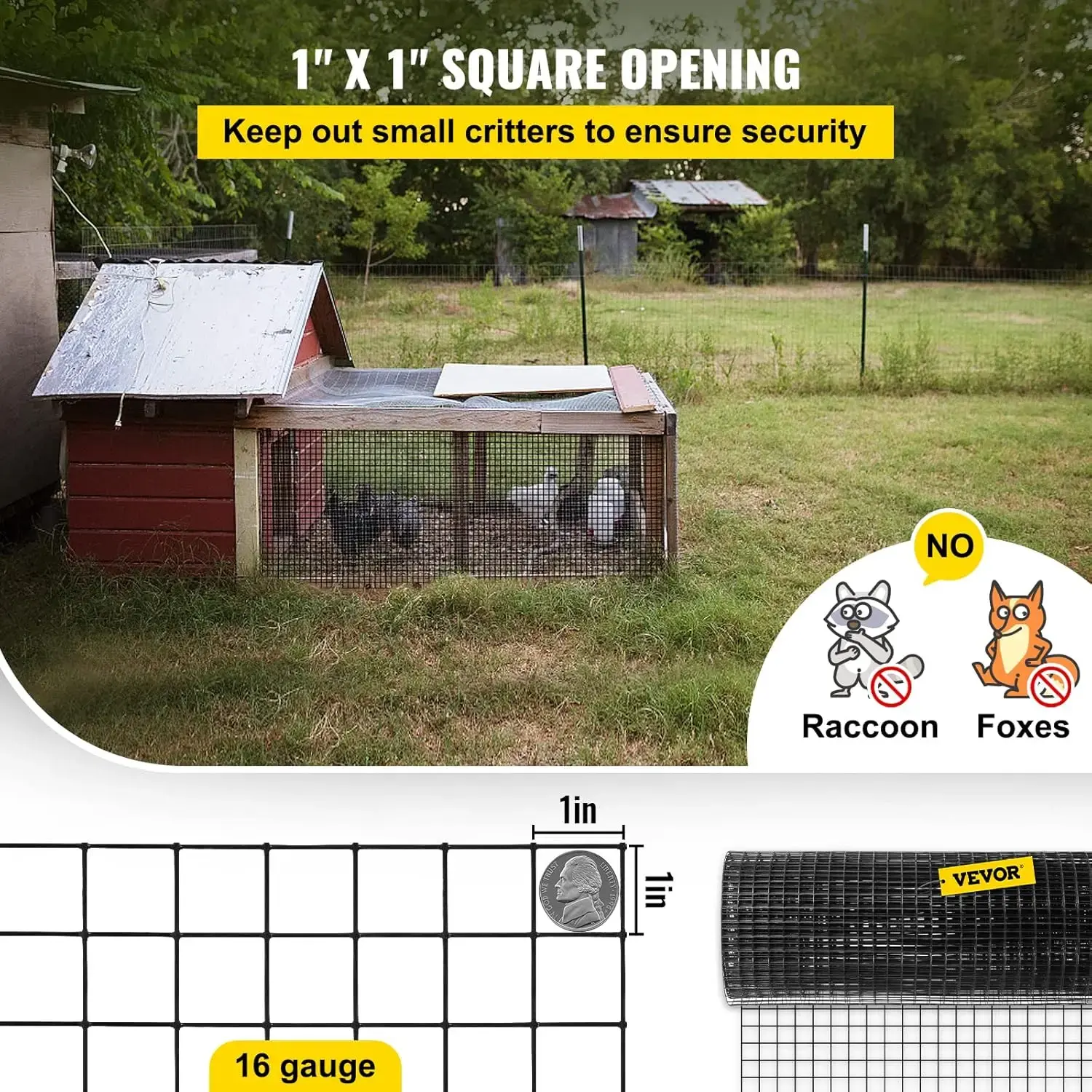 24" x 100' Hardware Cloth, 1"x1" Mesh Size, Galvanized Steel Vinyl Coated 16 Gauge Welded Wire