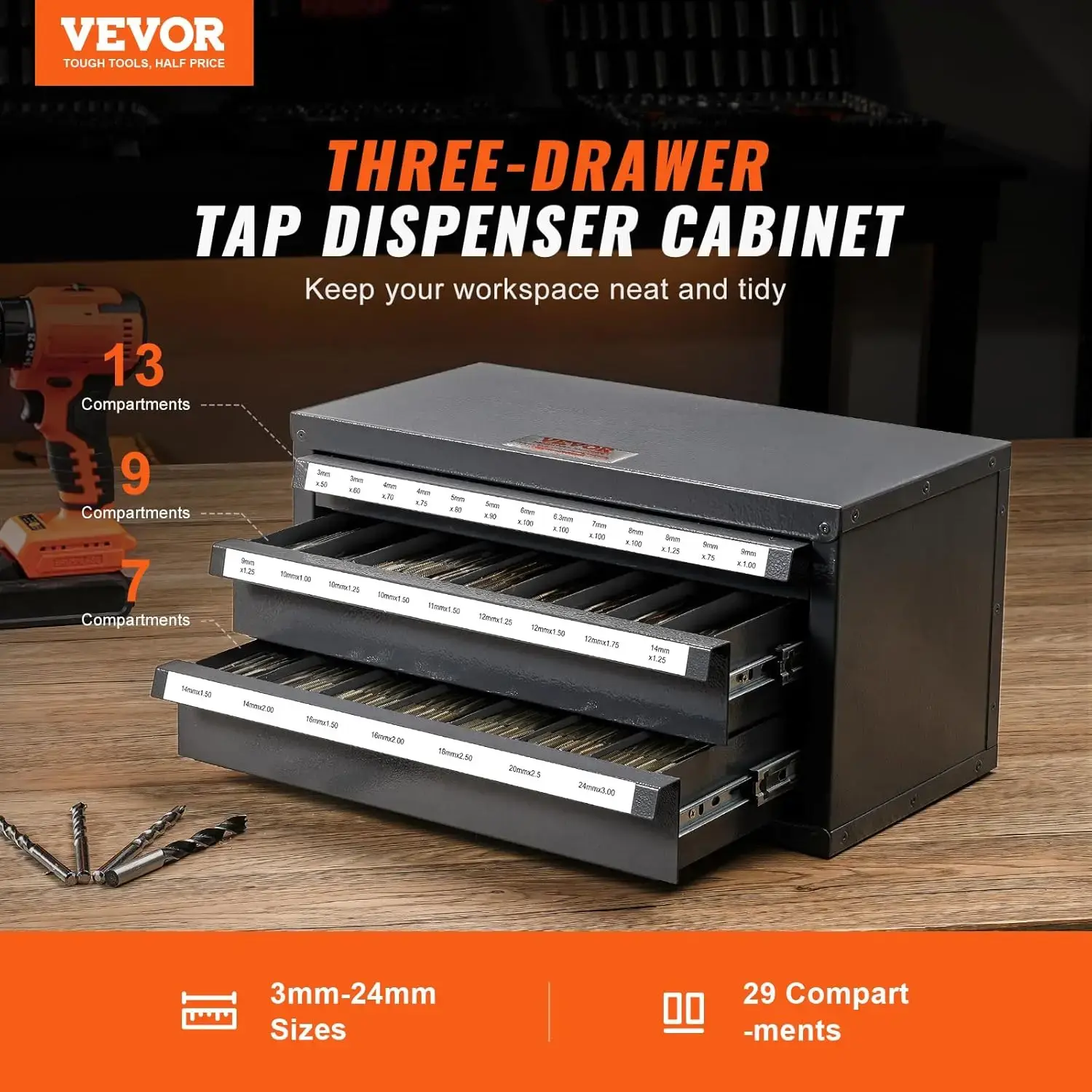 Tap Organizer Cabinet - Three-Drawer, 29-Compartment, Stackable with Labels for 3mm-24mm Steel Tap Storage