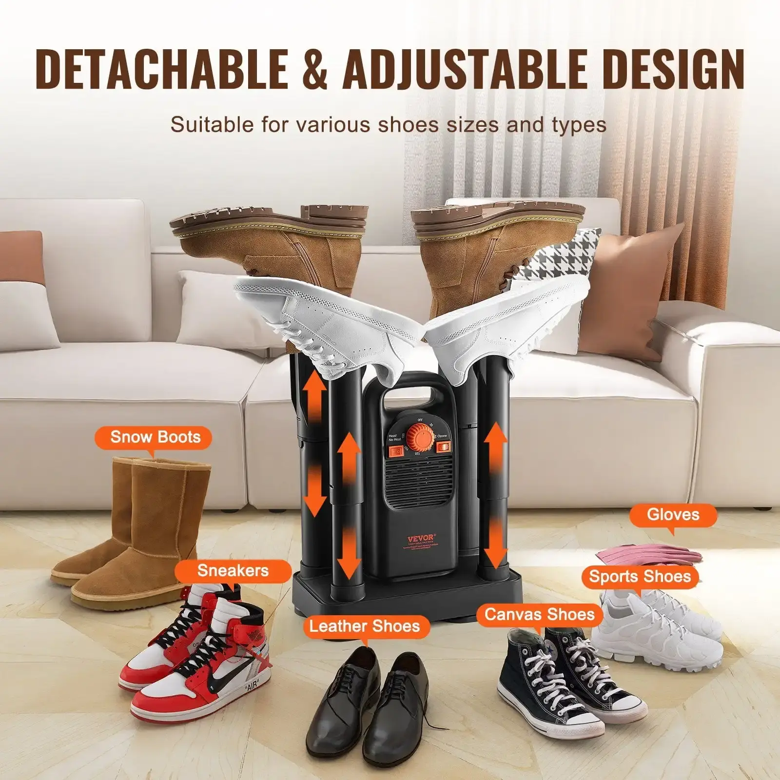 4-Tube Detachable Shoe Dryer with Timer and Quick Drying Black & Orange