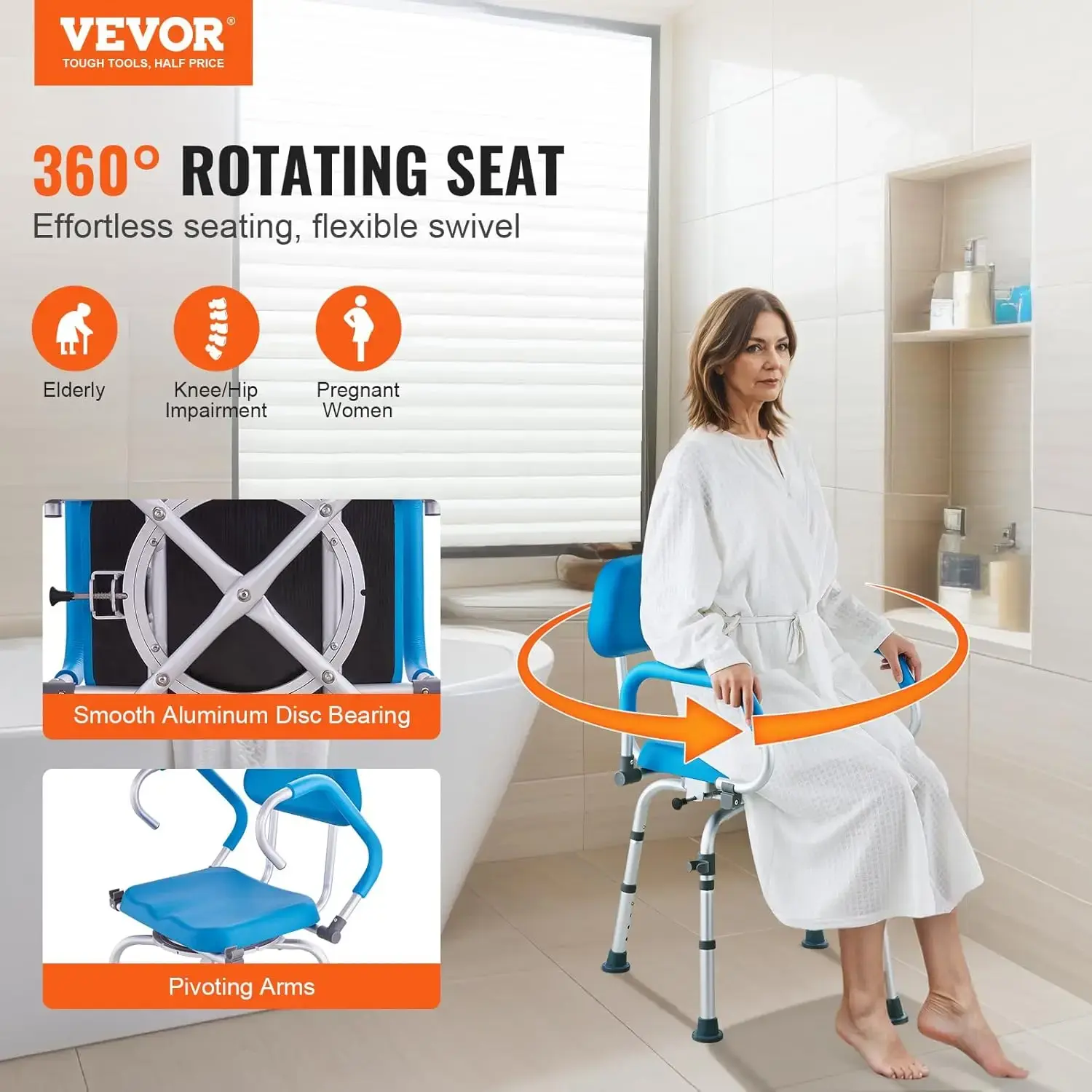 Swivel Shower Chair 360 Degree, Adjustable Shower Seat with Pivoting Arms & Padded Bath Seat for Inside Shower or Tub