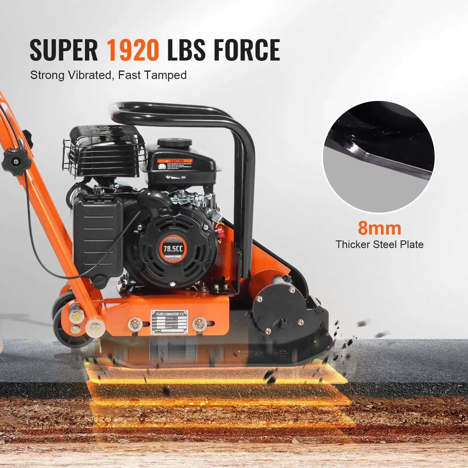 Gas Plate Compactor - 2.8 HP, 78.5CC, 5250 VPM, 1920 lbs Compaction Force with 18.7" x 11.8" Plate for Asphalt, Pavers