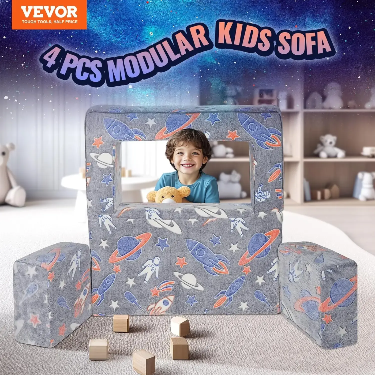 Kids Couch, 4Pcs Toddler Couch Sofa Bed, Kids Chair Seat Playroom Furniture