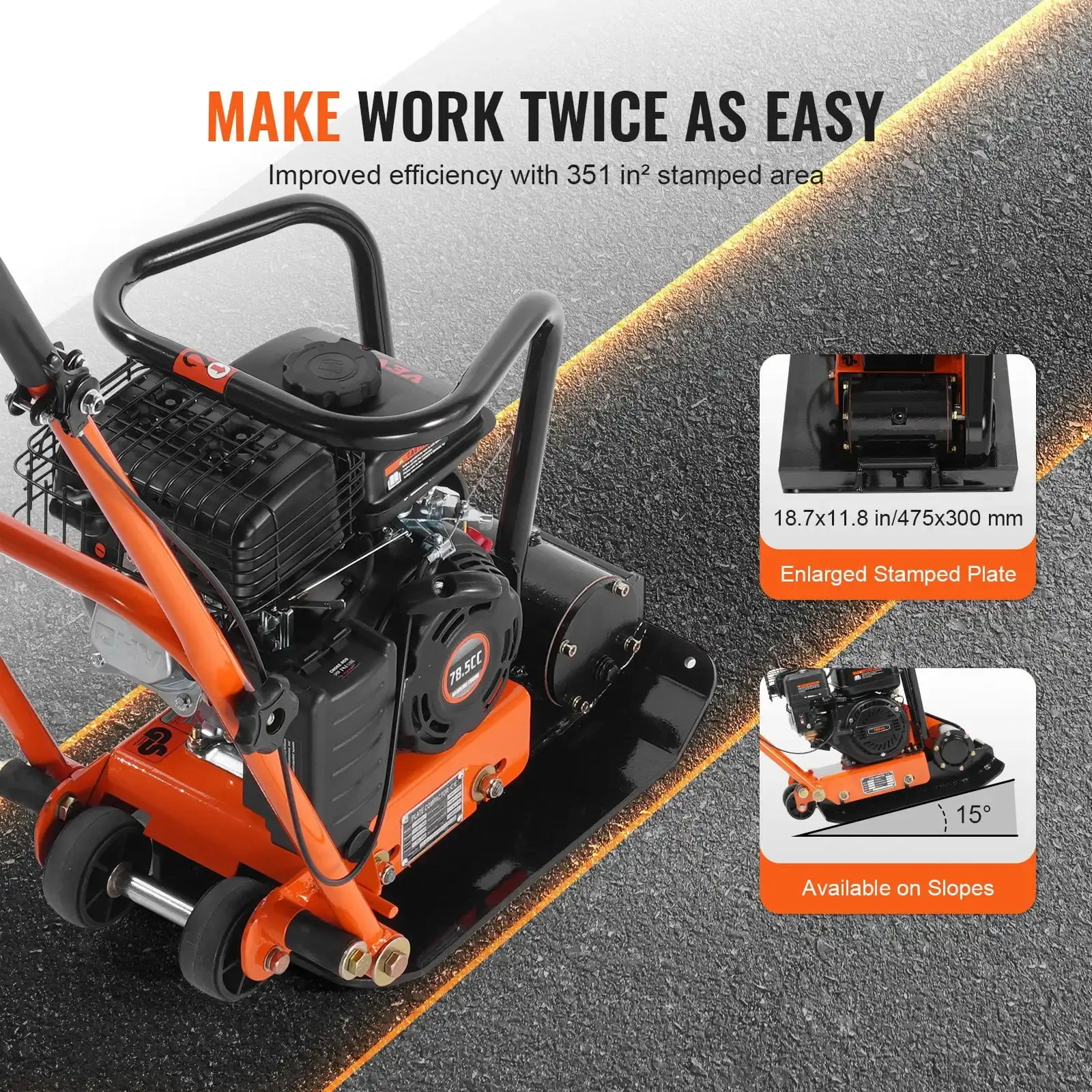 Gas Plate Compactor - 2.8 HP, 78.5CC, 5250 VPM, 1920 lbs Compaction Force with 18.7" x 11.8" Plate for Asphalt, Pavers
