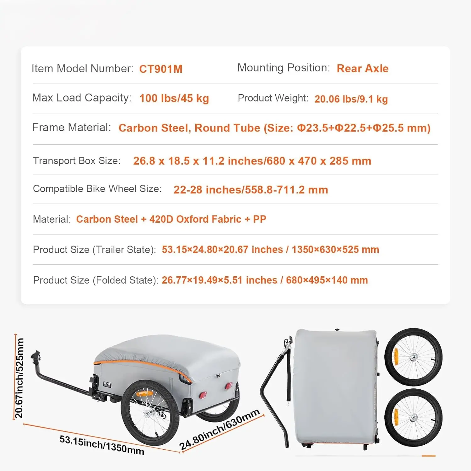 Bike Cargo Trailer, 88/100/160 lbs Load Capacity, Heavy-Duty Bicycle Wagon Cart, Foldable Compact Storage with Universal Hitch