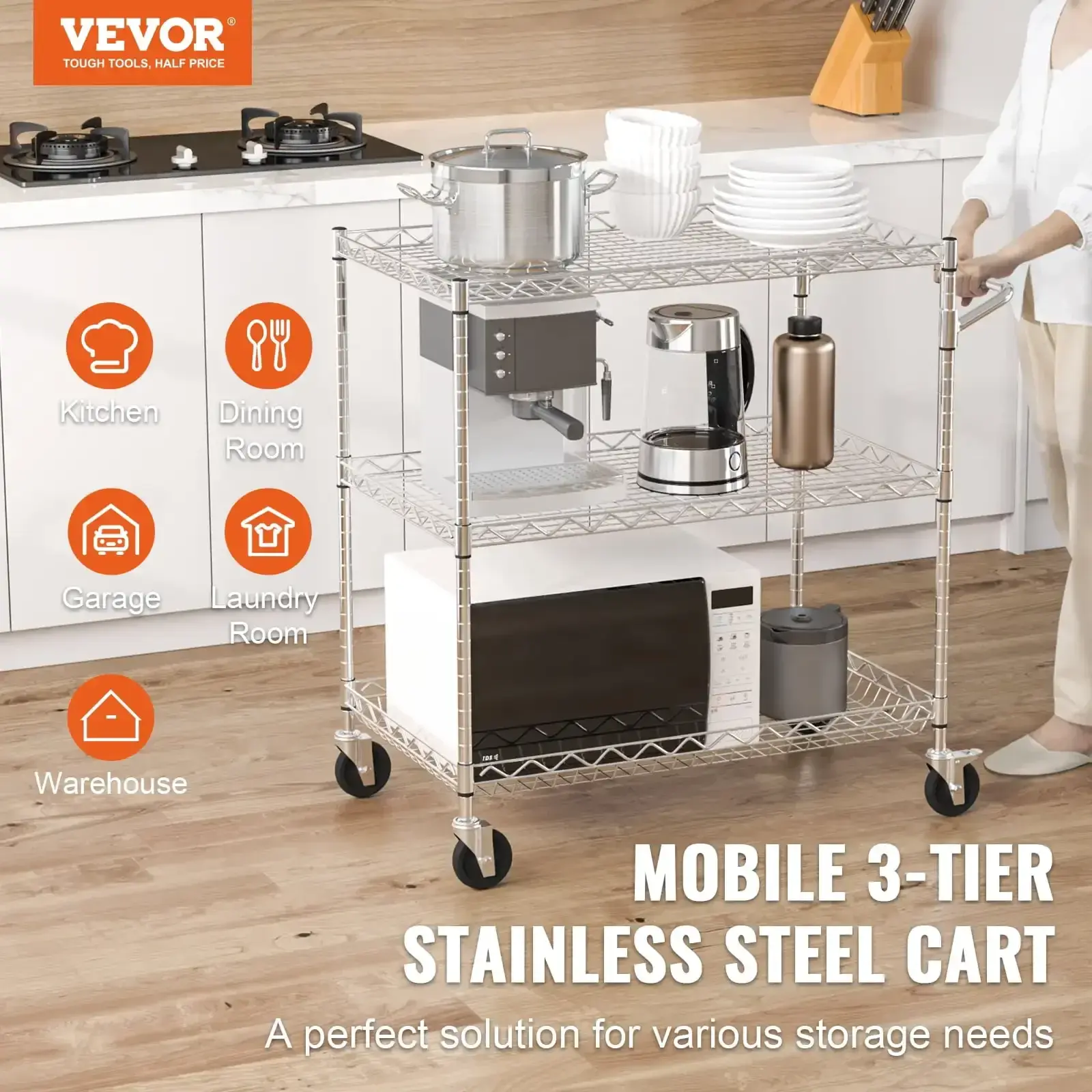 3-Tier Utility Cart Rolling Cart on Wheels 30"x18"x32.4" 661 lbs 6 Hooks