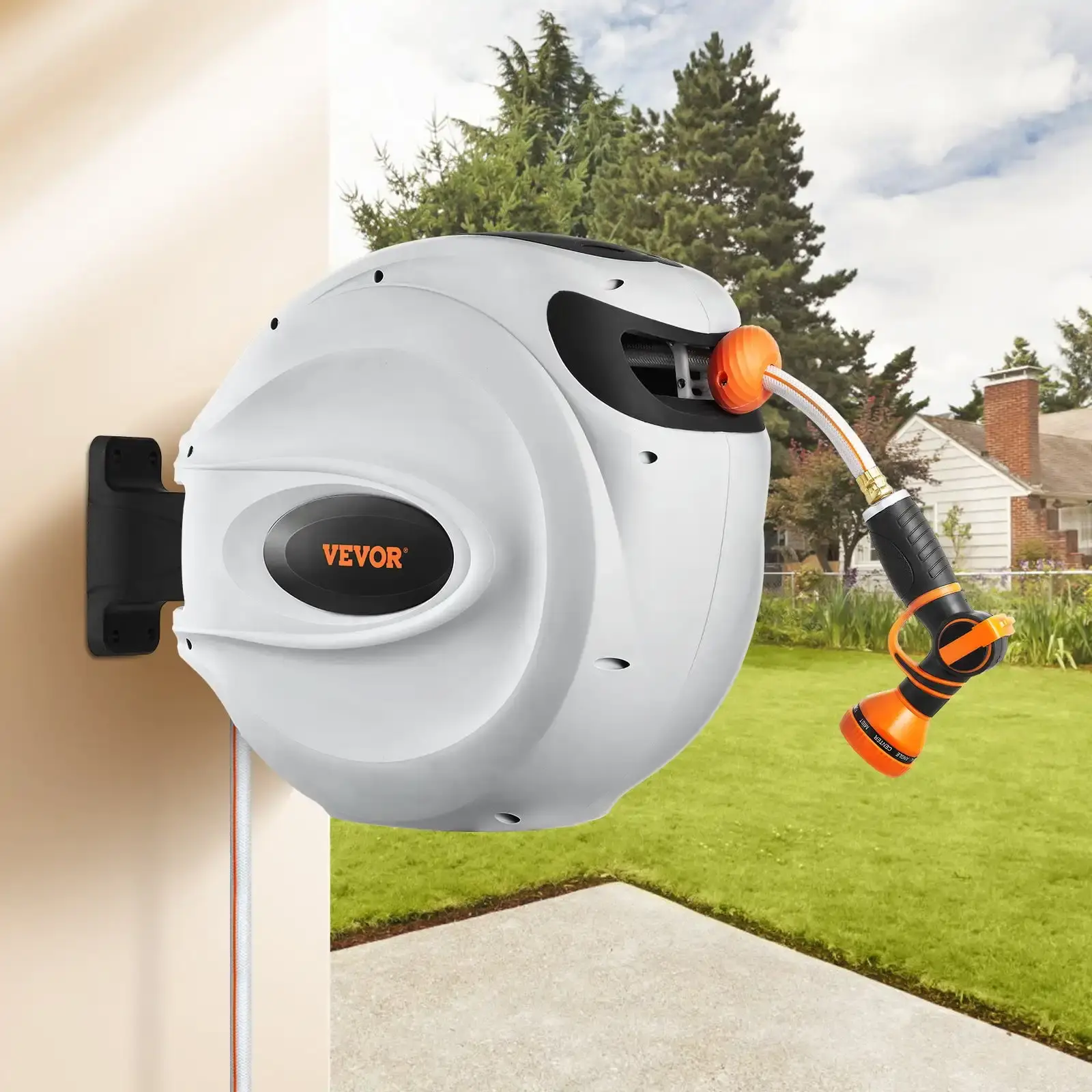 65' x 5/8" Retractable Water Hose Reel, 180° Swivel, Wall-Mounted