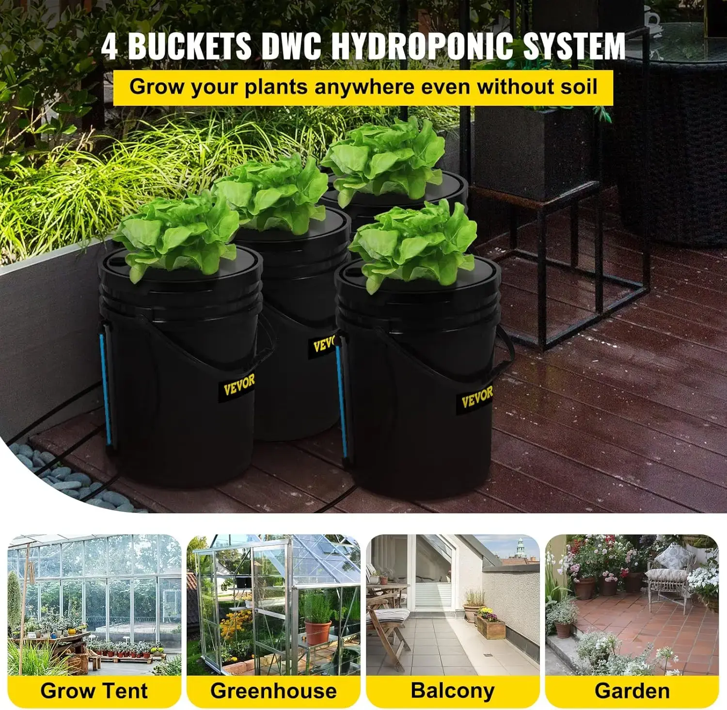 DWC Hydroponic System, 5 Gallon 4 Buckets, Deep Water Culture Growing Bucket, Hydroponics Grow Kit with Pump